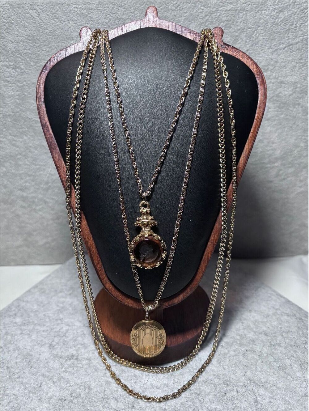 Vintage Goldette Multi-Strand Necklace with Intaglio Glass Cameo & Locket 1960s